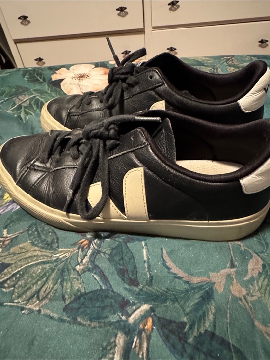 Veja Shoes - Veja women’s 41 Black Leather Sneakers with White Accents
